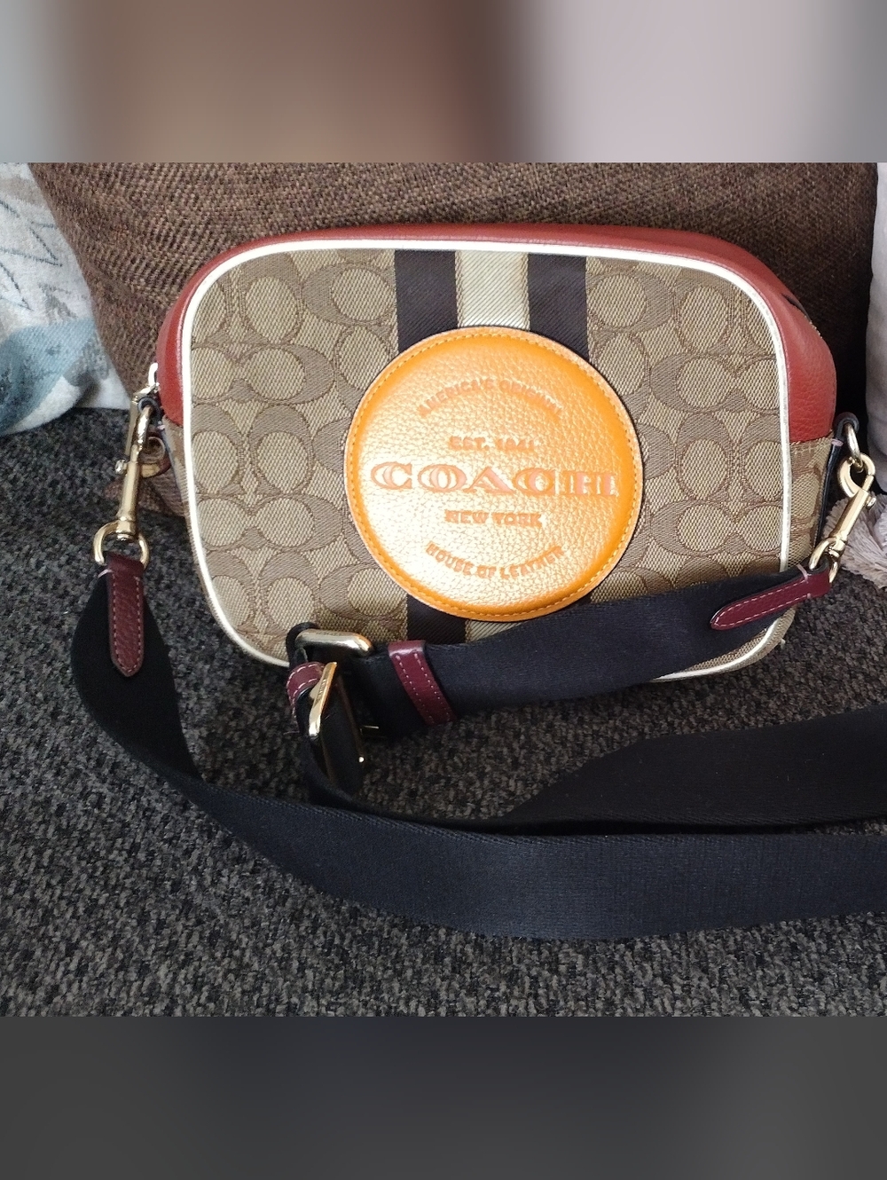 Authentic Coach Brown Signature Canvas Crossbody with Orange Logo Patch